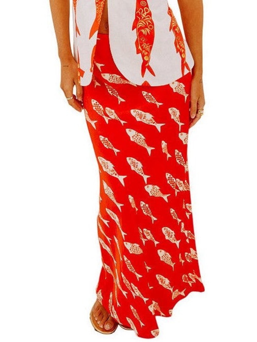 Never Fully Dressed Red Fish-Print Maxi Skirt with Cream Motif